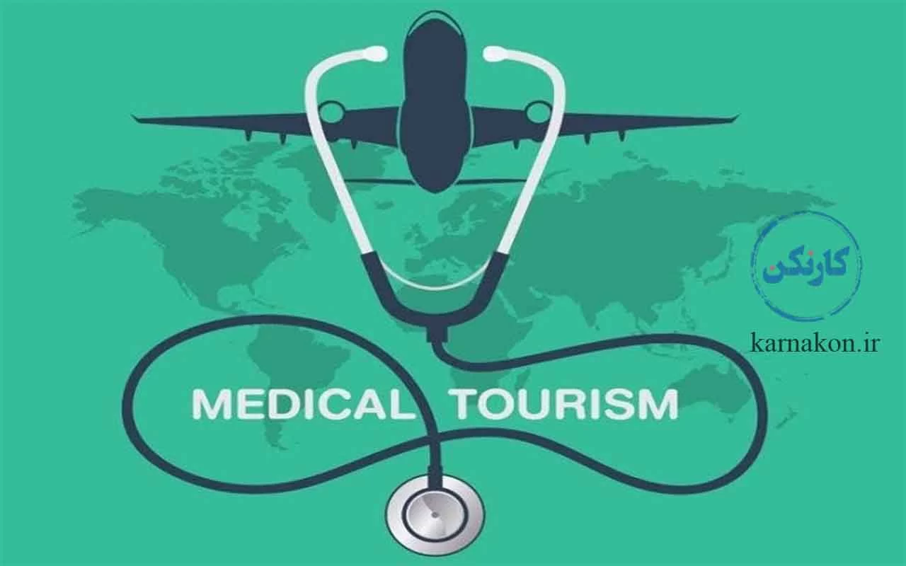 یک هواپیما و گوشی پزشکی بر روی نقششه جهان و کادری سبزرنگ و نوشته انگلیسی توریسم پزشکی یا گردشگری پزشکی و MEDICAL TOURISM 