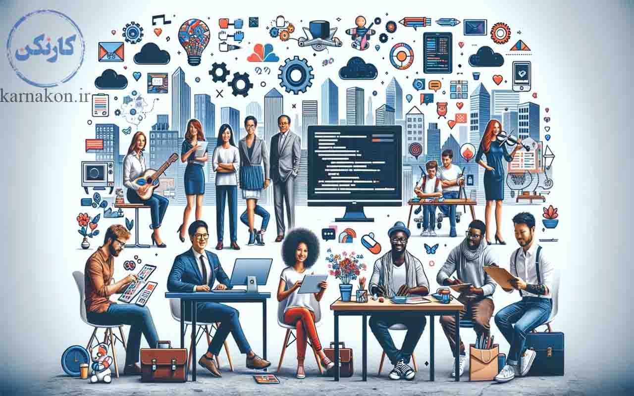 این تصویر گروه کوچکتری از کارآفرینان شغل‌های جدید را نشان می‌دهد که هر کدام نماینده شغل‌های مختلفی هستند و در یک فضای کاری نیمه‌رسمی کار می‌کنند.