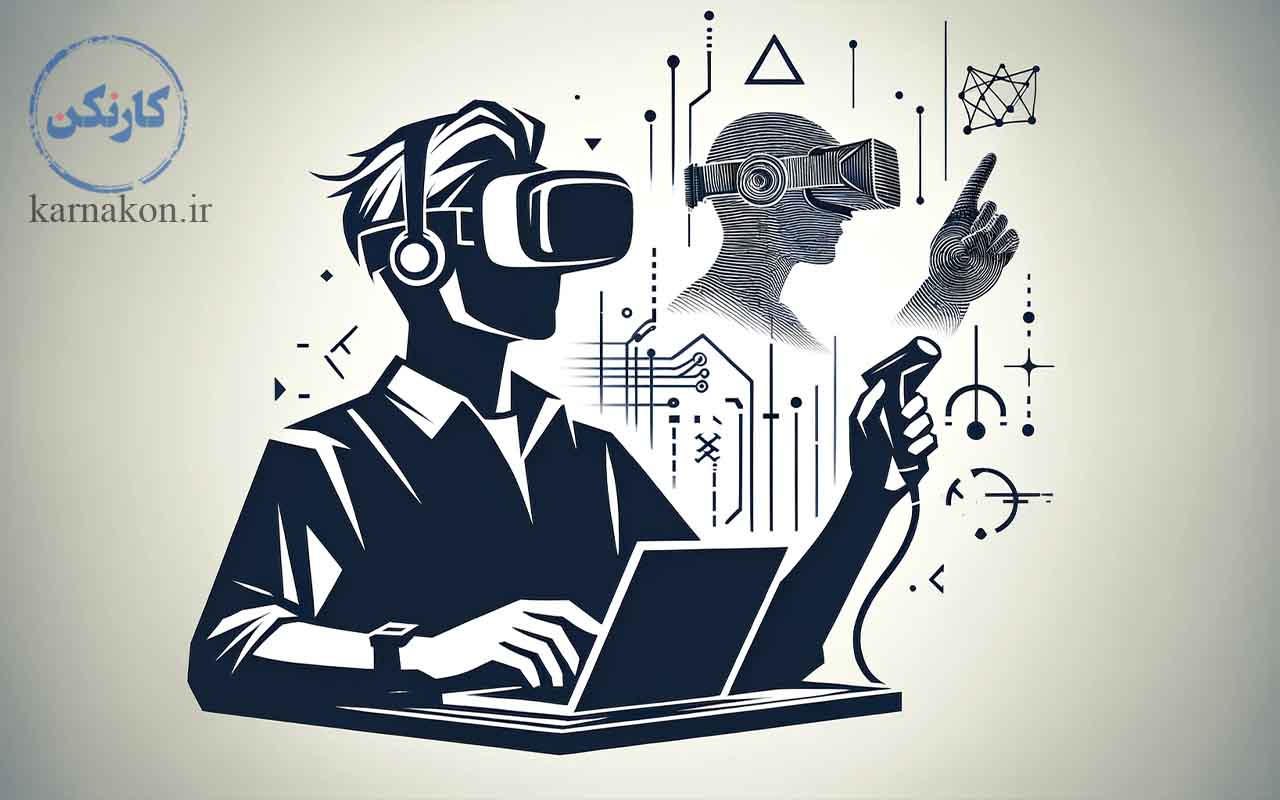 این تصویر یک فرد را نشان می‌دهد که از عینک واقعیت مجازی یا افزوده استفاده می‌کند و در یک تجربه دیجیتالی غرق شده است.