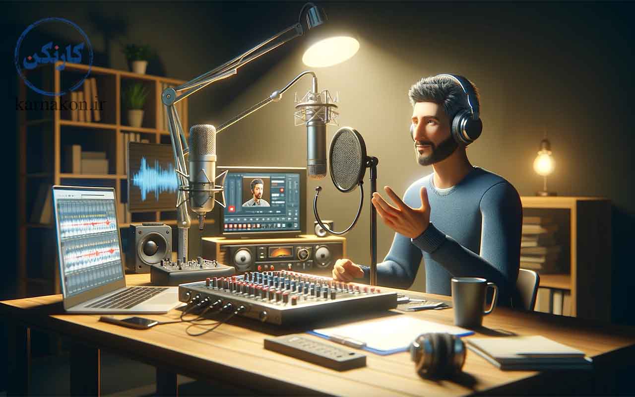 این تصویر یک فرد را نشان می‌دهد که در حال صحبت کردن به میکروفون است، با تجهیزات پادکستینگ مانند هدست، میکسر صدا و کامپیوتر در پس‌زمینه.
معرفی یک شغل جدید