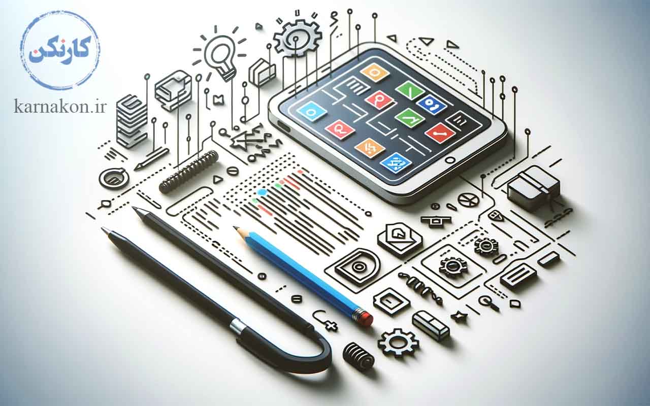 این تصویر شامل نمادهایی مانند یک گوشی هوشمند با خطوط کدنویسی یا رابط‌های اپلیکیشن است که بر جنبه توسعه نرم‌افزار موبایل تأکید دارد.