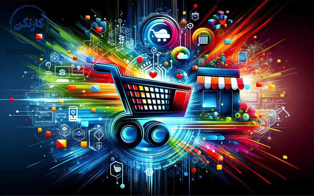 این تصویر شامل عناصری از تجارت آنلاین، مانند نماد سبد خرید، نمادهای پرداخت دیجیتال، و ویترین آنلاین پرجنب‌وجوش است.