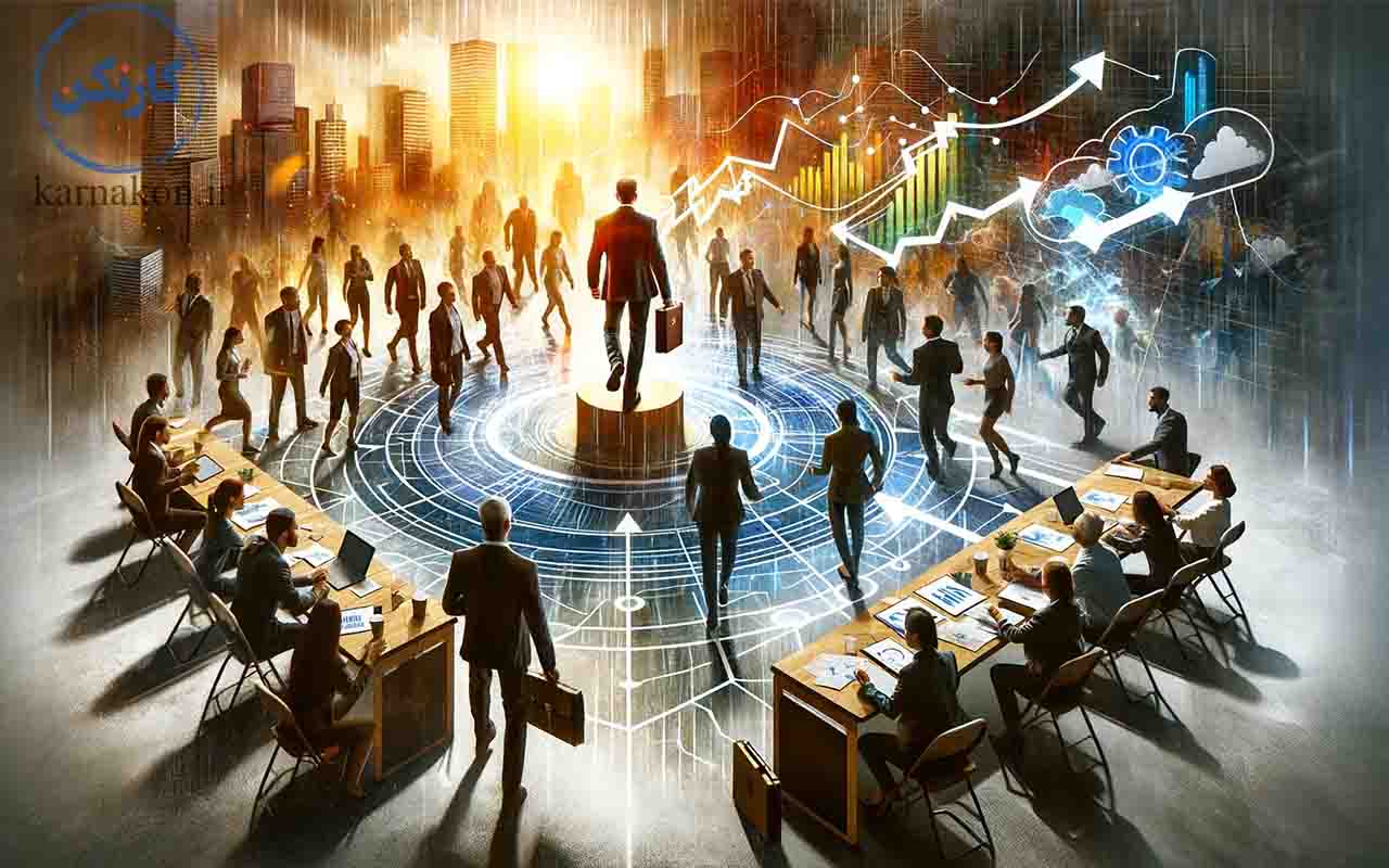 این تصویر گروهی متنوع از افراد را نشان می‌دهد که در حال همکاری هستند، با یک شخصیت مرکزی که ویژگی‌های رهبری را به نمایش می‌گذارد.