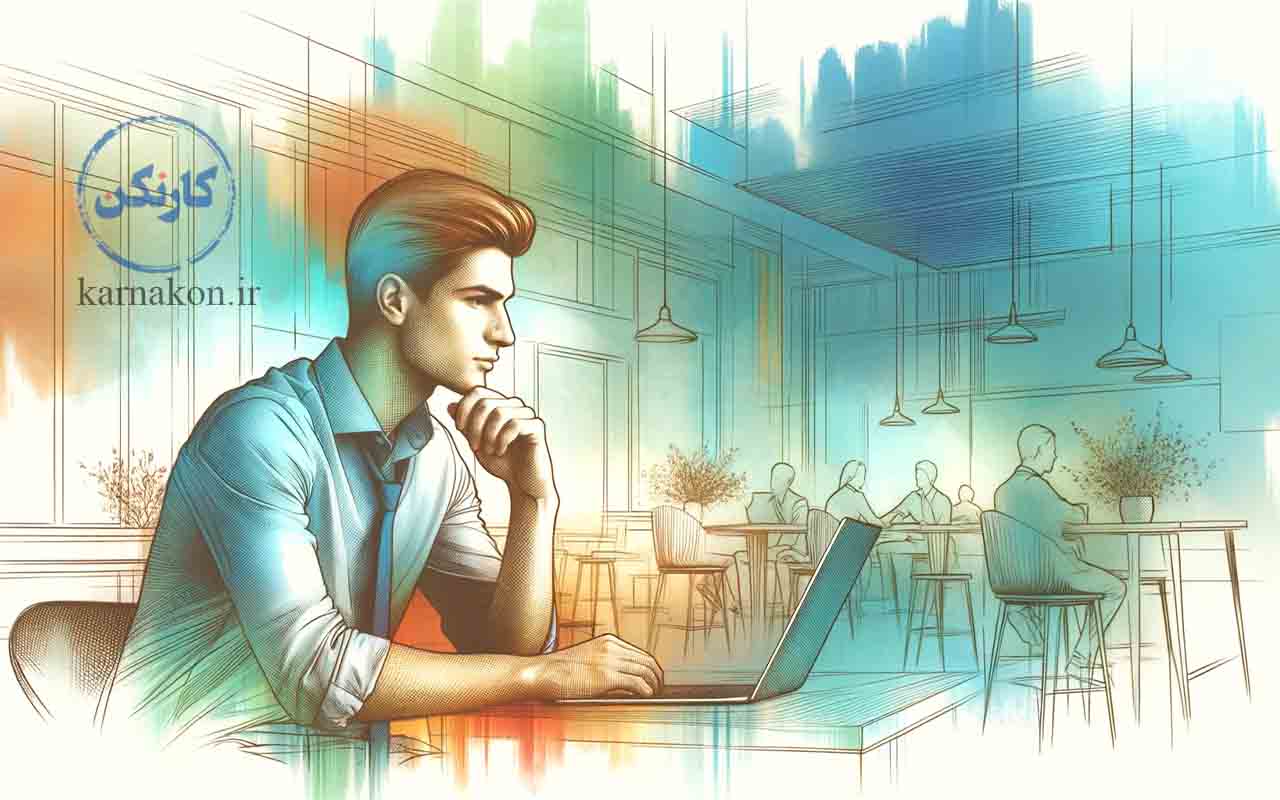 این تصویر یک جوان ۲۵ ساله را در یک کافه نشان می‌دهد که در حال تفکر در مورد کارآفرینی و فرصت‌های شغلی جدید است.