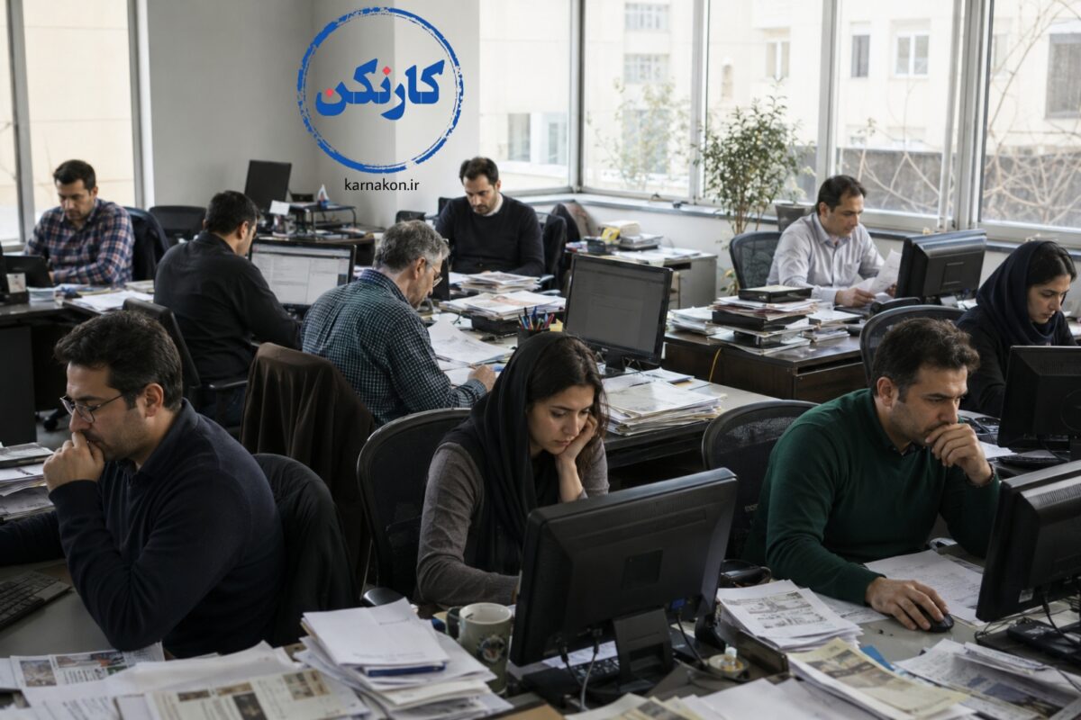 گروهی از روزنامهنگاران خانم و آقا در اتاق خبر رسانه. ساخته شده با هوشمصنوعی