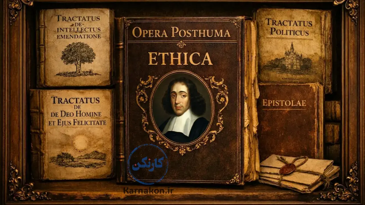 «مجموعه آثار پس از مرگ» اسپینوزا به نام Opera Posthuma| کتاب اخلاق در مرکز تصویر.