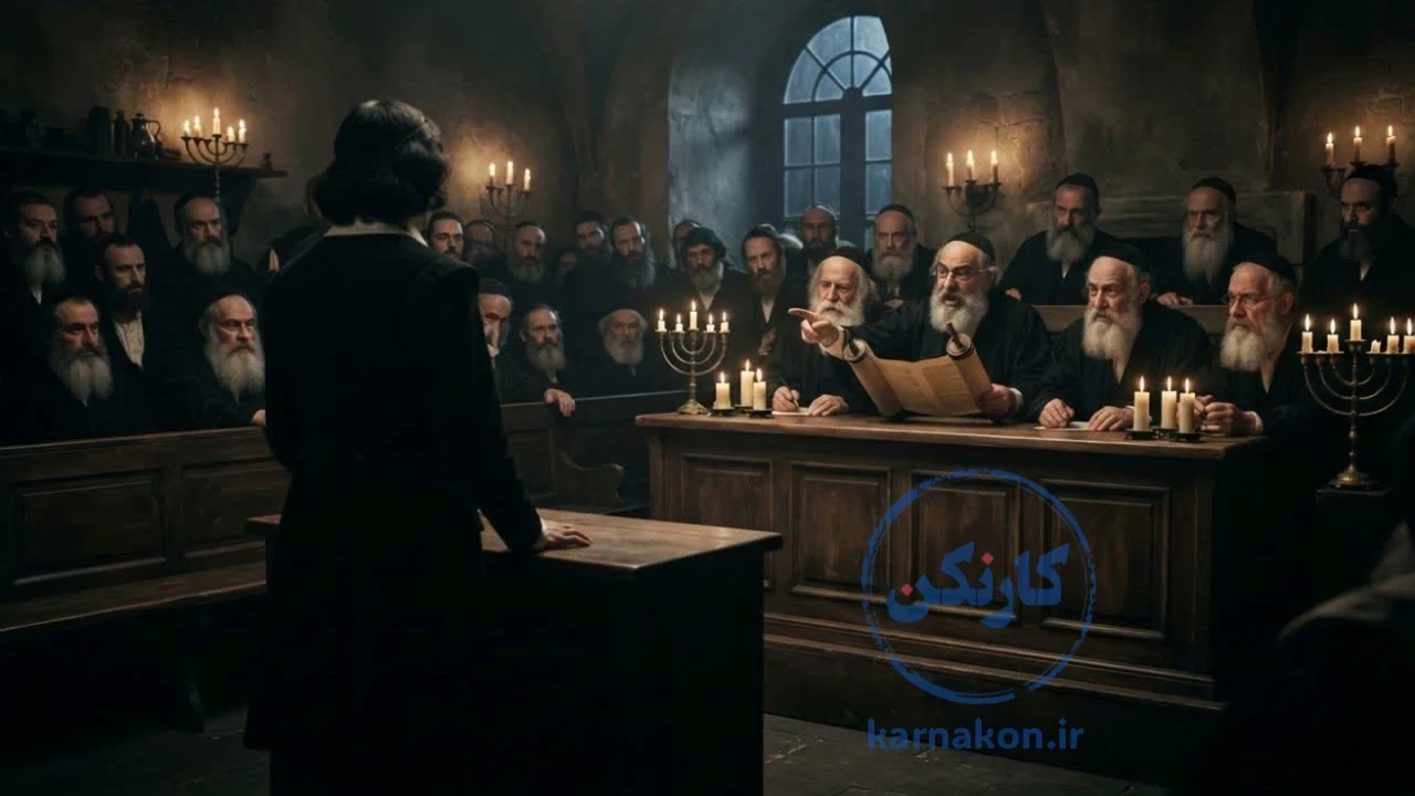 صحنهی تکفیر اسپینوزا در کنیسه آمستردام و صدور حکم اخراج او.