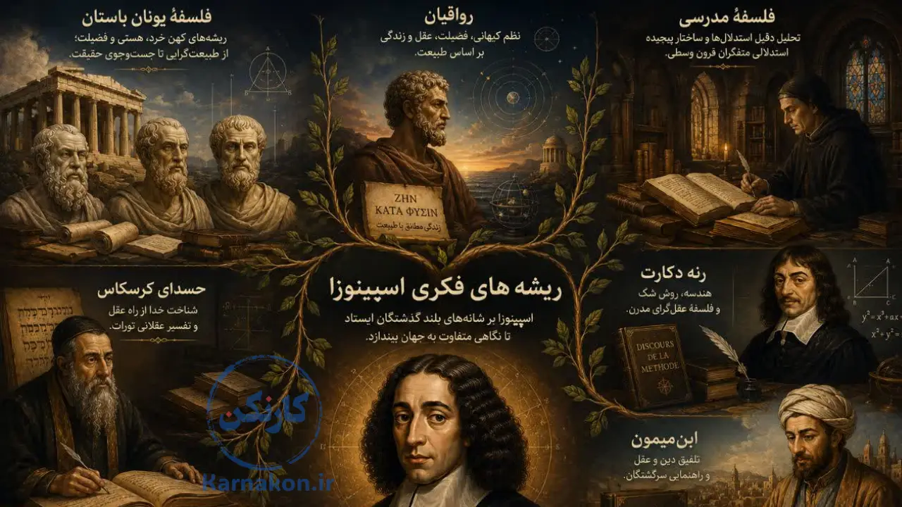 نمودار درختی ریشههای فکری در زندگی نامه اسپینوزا و تأثیرپذیری او از دکارت، ابن میمون و فلسفه مُدرسهای.