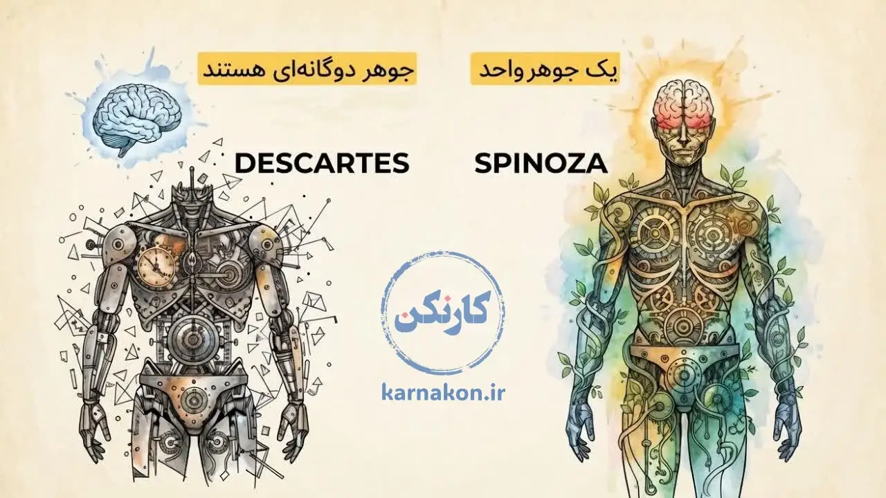 تصویر مفهومی نطریه یگانهانگاری اسپینوزا در سمت راست و نظریه دوگانهانگاری دکارت در سمت چپ قرار گرفته است.